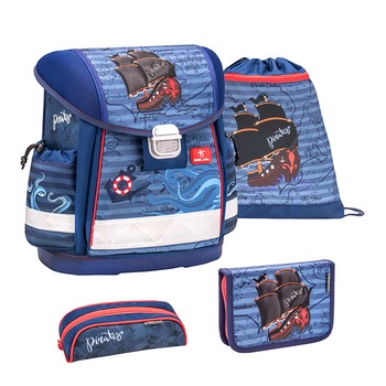 Set Ghiozdan scoala 4 piese, Belmil Classy, cu sac de umar pentru echipament si doua Penare, model Kraken si piratii Set Ghiozdan scoala 4 piese, Belmil Classy, cu sac de umar pentru echipament si doua Penare, model Kraken si piratii