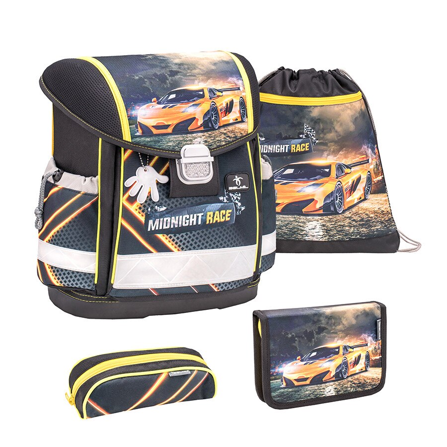 Set Ghiozdan scoala 4 piese, Belmil Classy, cu sac de umar pentru echipament si doua Penare, model Midnight Race