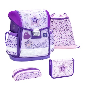 Set Ghiozdan scoala 4 piese, Belmil Classy, cu sac de umar pentru echipament si doua Penare, model Stelute mov Set Ghiozdan scoala 4 piese, Belmil Classy, cu sac de umar pentru echipament si doua Penare, model Stelute mov