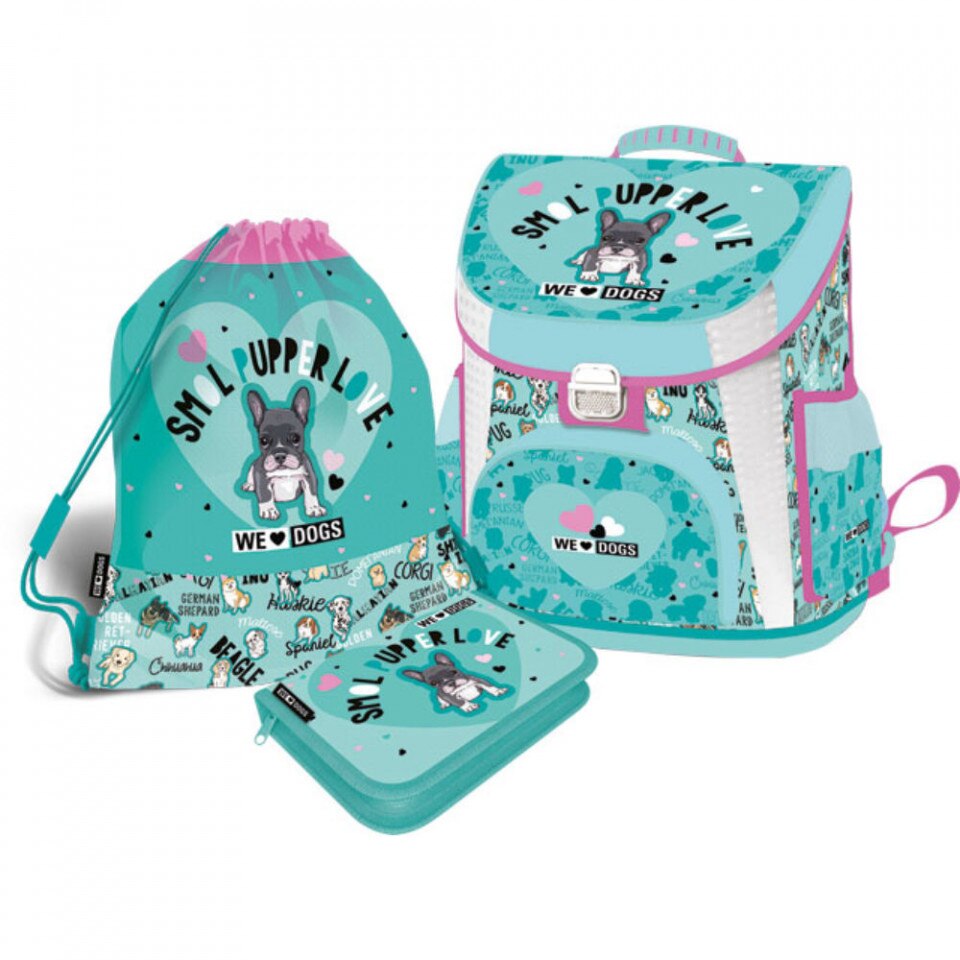 Set Ghiozdan scoala 3 piese, Lizzy Card, cu sac de umar pentru echipament si Penar, model We love dogs