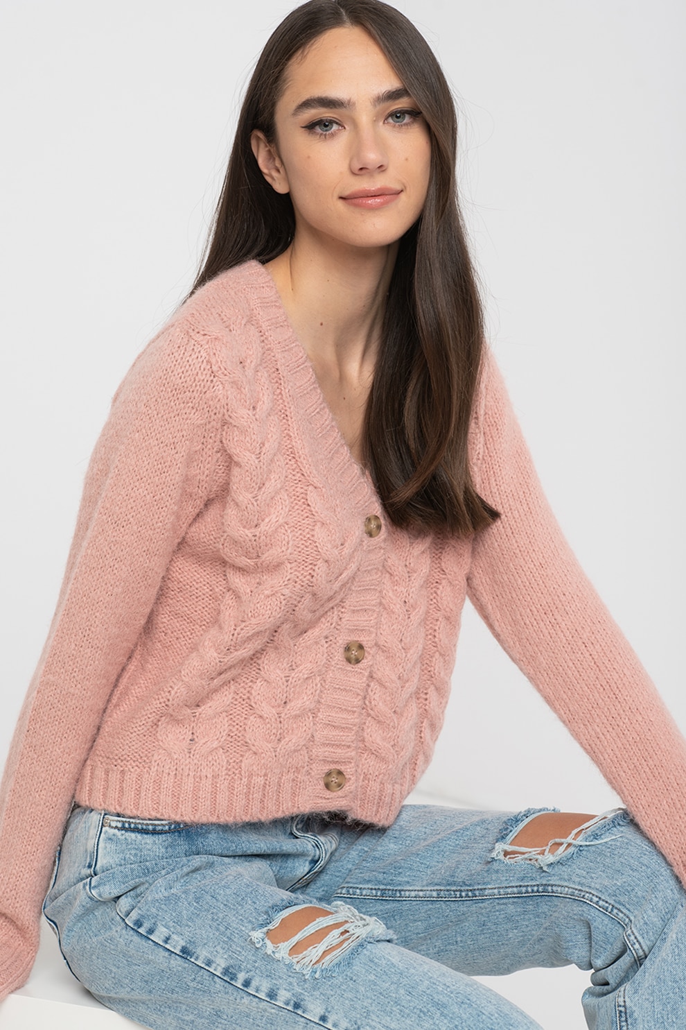 Vero Moda, Cardigan cu decolteu in V si model torsade Wine, Roz prafuit, XS
