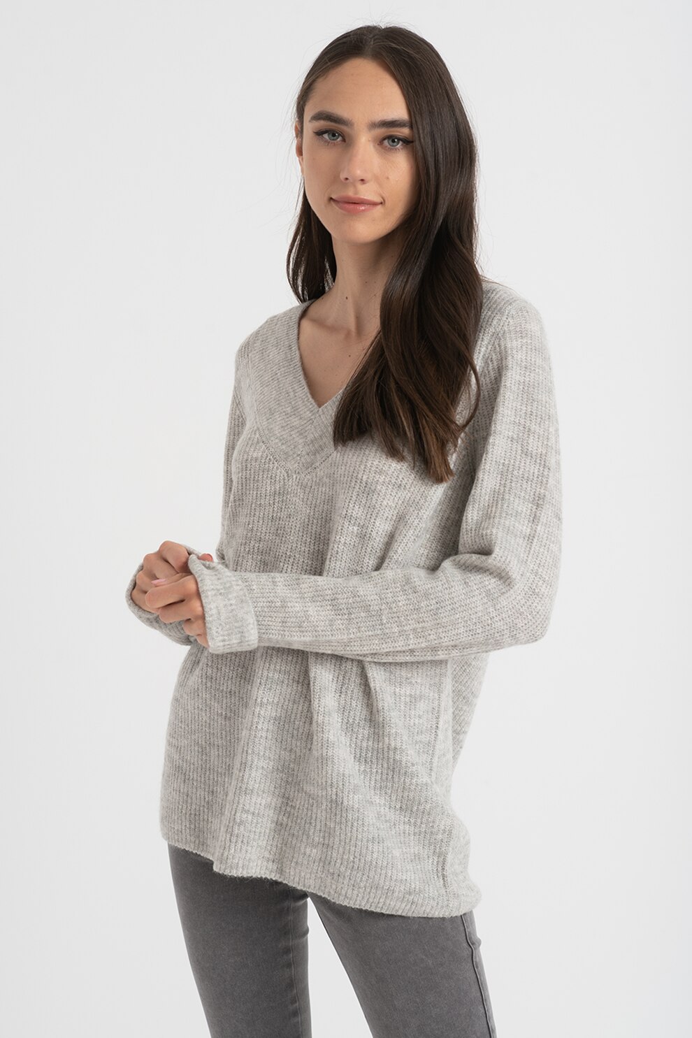 Vero Moda, Pulover lejer cu decolteu in V si striatii Plaza, Gri deschis melange