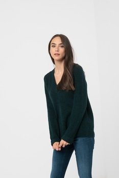 Vero Moda - Рипсен пуловер Plaza с шпиц, Тъмнозелен меланж