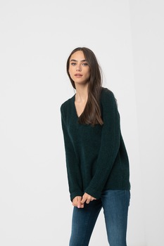 Vero Moda, Pulover lejer cu decolteu in V si striatii Plaza, Verde inchis melange Vero Moda, Pulover lejer cu decolteu in V si striatii Plaza, Verde inchis melange