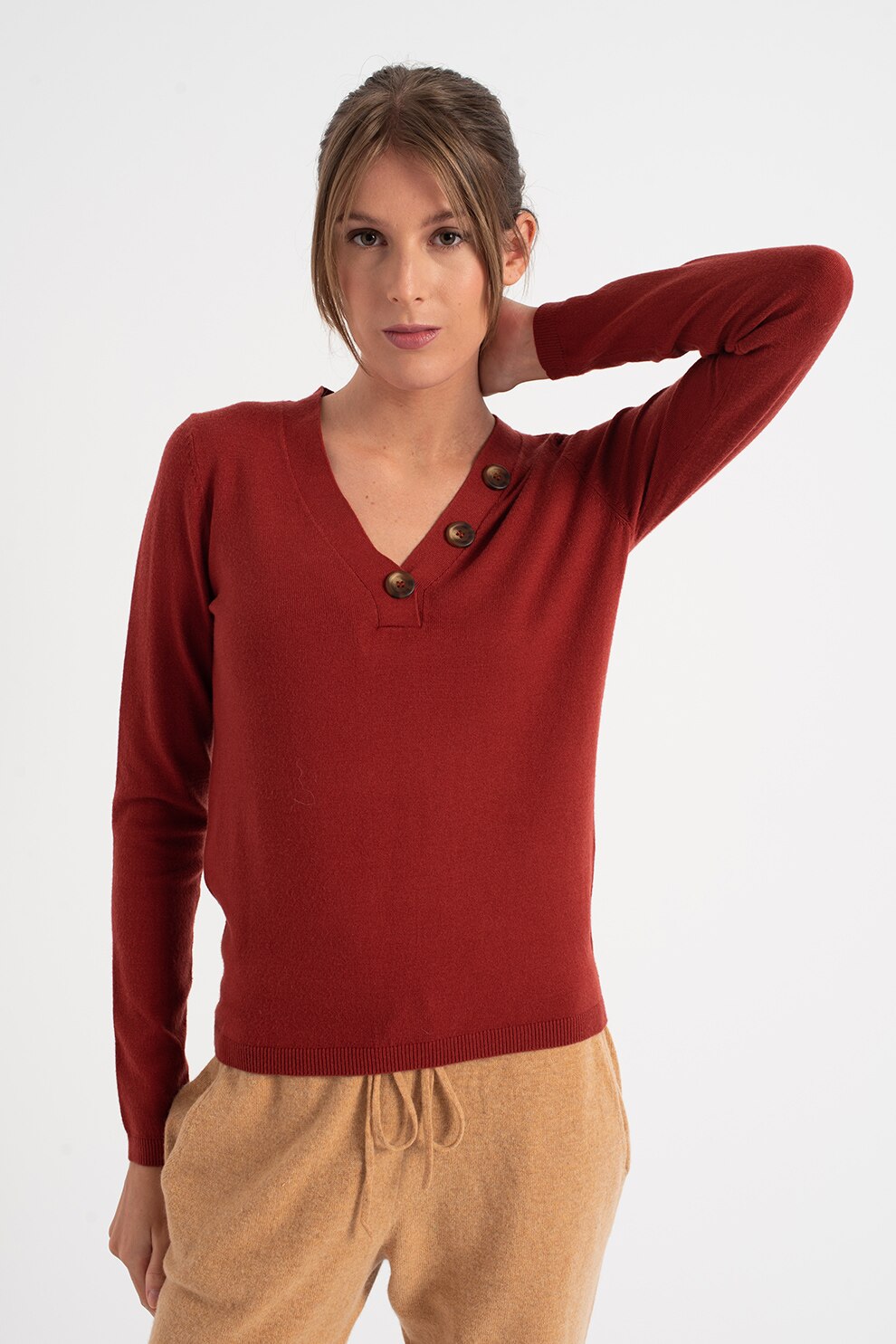 Vero Moda, Pulover cu decolteu in V Karis, Rosu caramiziu