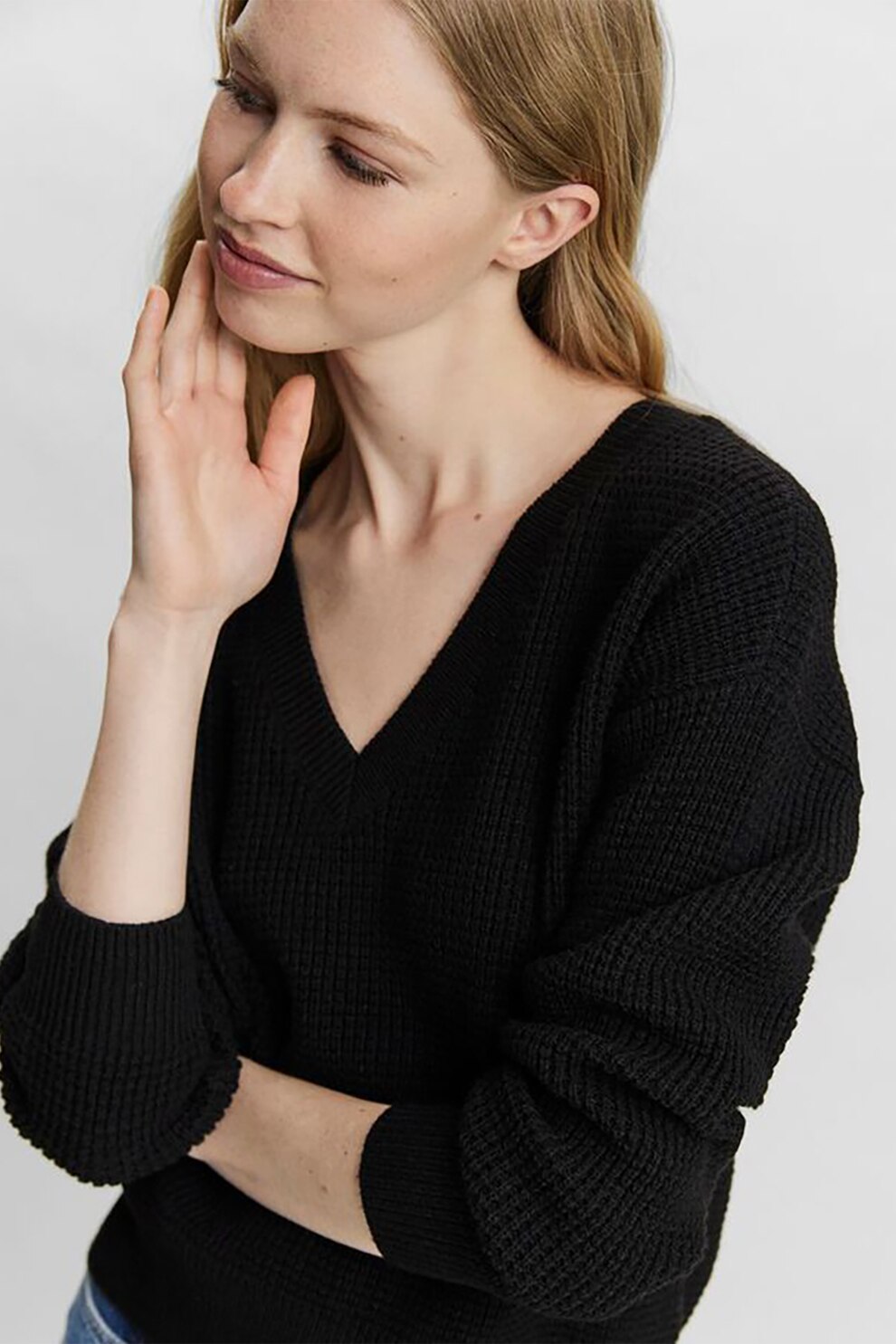Vero Moda, Pulover cu decolteu in V si aspect texturat Leanna, Negru