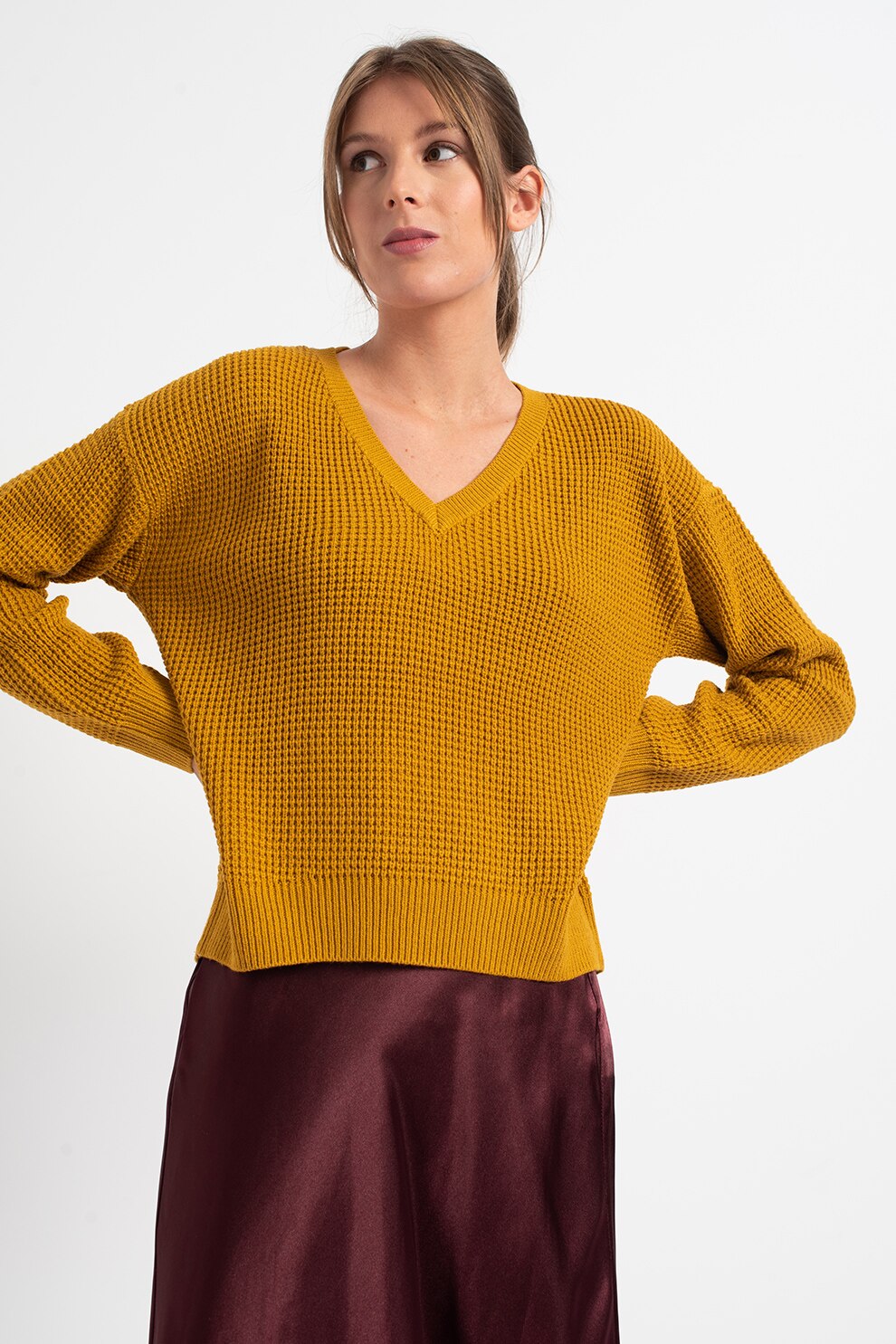 Vero Moda, Pulover cu decolteu in V si aspect texturat Leanna, Galben mustar