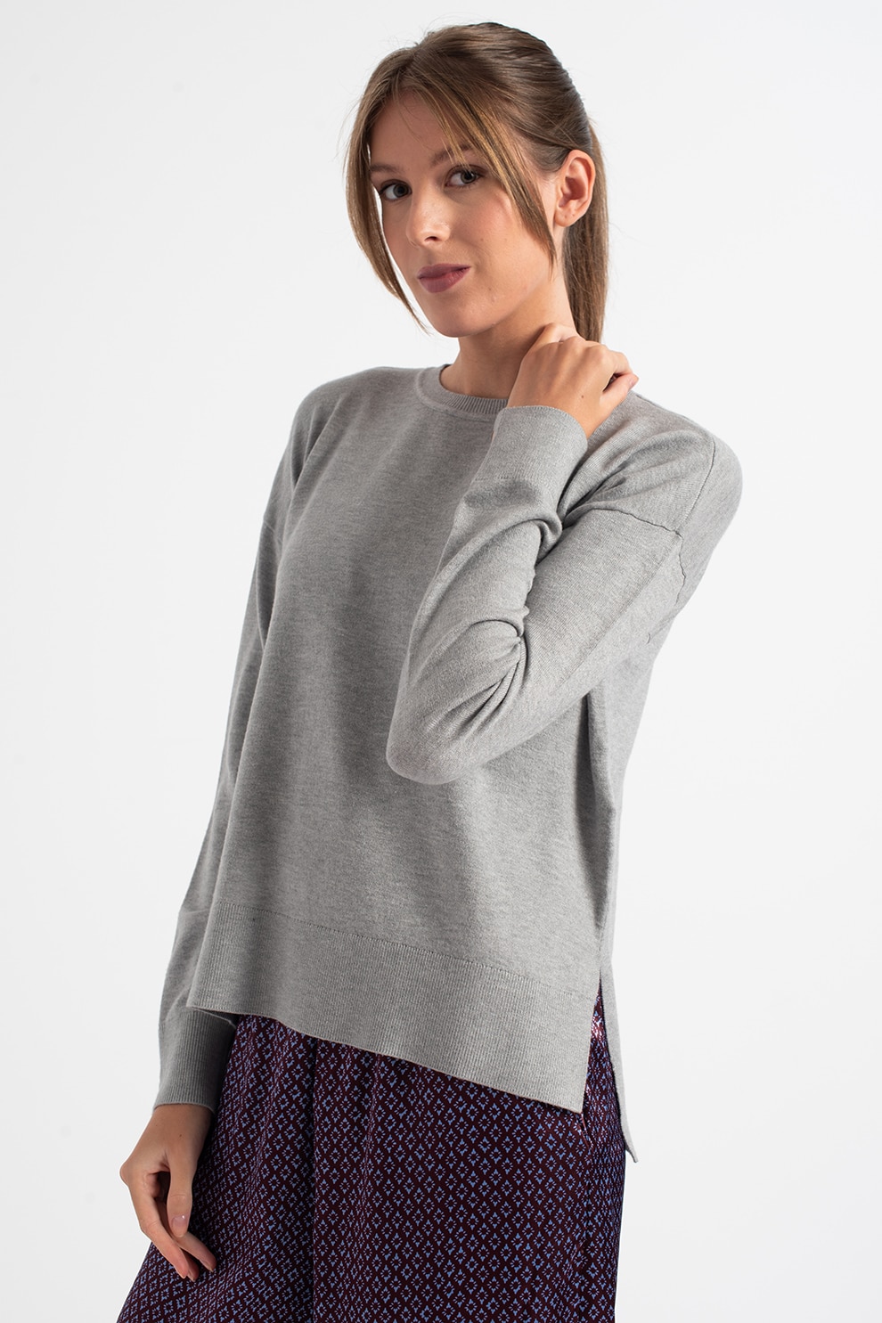 Vero Moda, Pulover cu decolteu la baza gatului si slituri laterale Karis, Gri melange