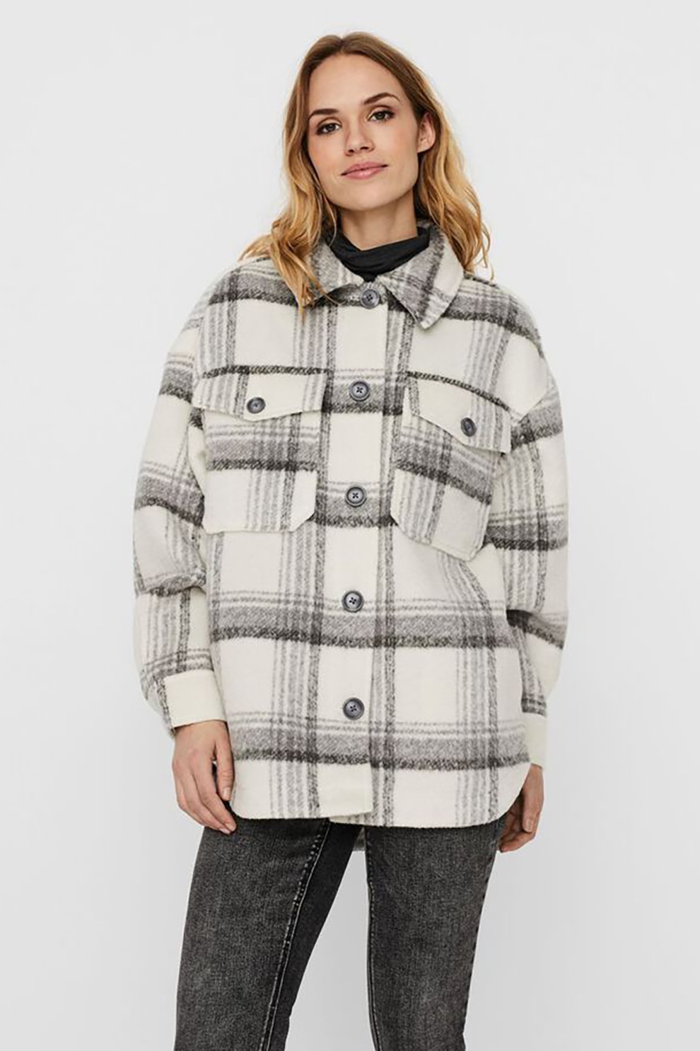 Vero Moda, Jacheta-camasa cu buzunare pe piept, Alb/Gri, M