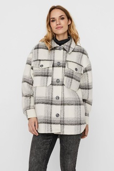 Vero Moda, Jacheta-camasa cu buzunare pe piept, Alb/Gri, M Vero Moda, Jacheta-camasa cu buzunare pe piept, Alb/Gri, M