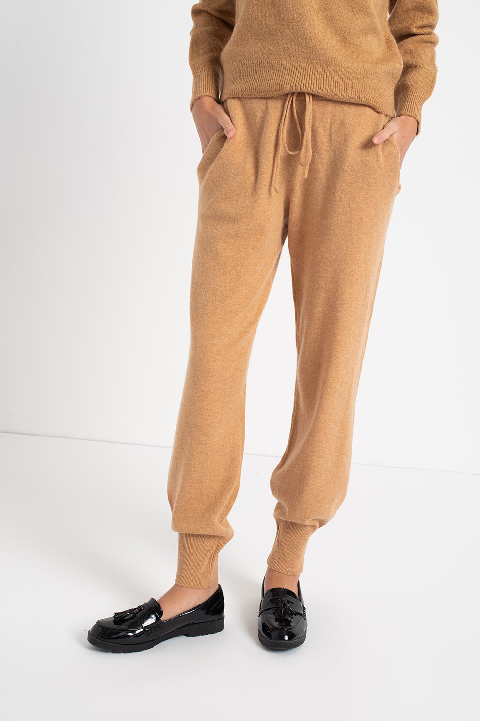 Vero Moda, Pantaloni din amestec de lana cu snur de ajustare in talie Darnel, Bej, M