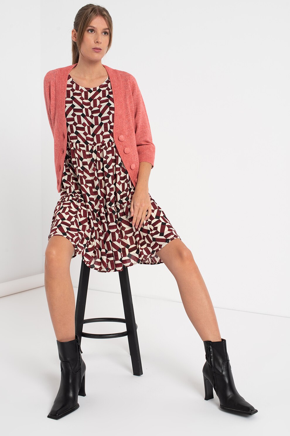 Vero Moda, Cardigan cu decolteu in V si maneci trei sferturi Vigga, Roz melange