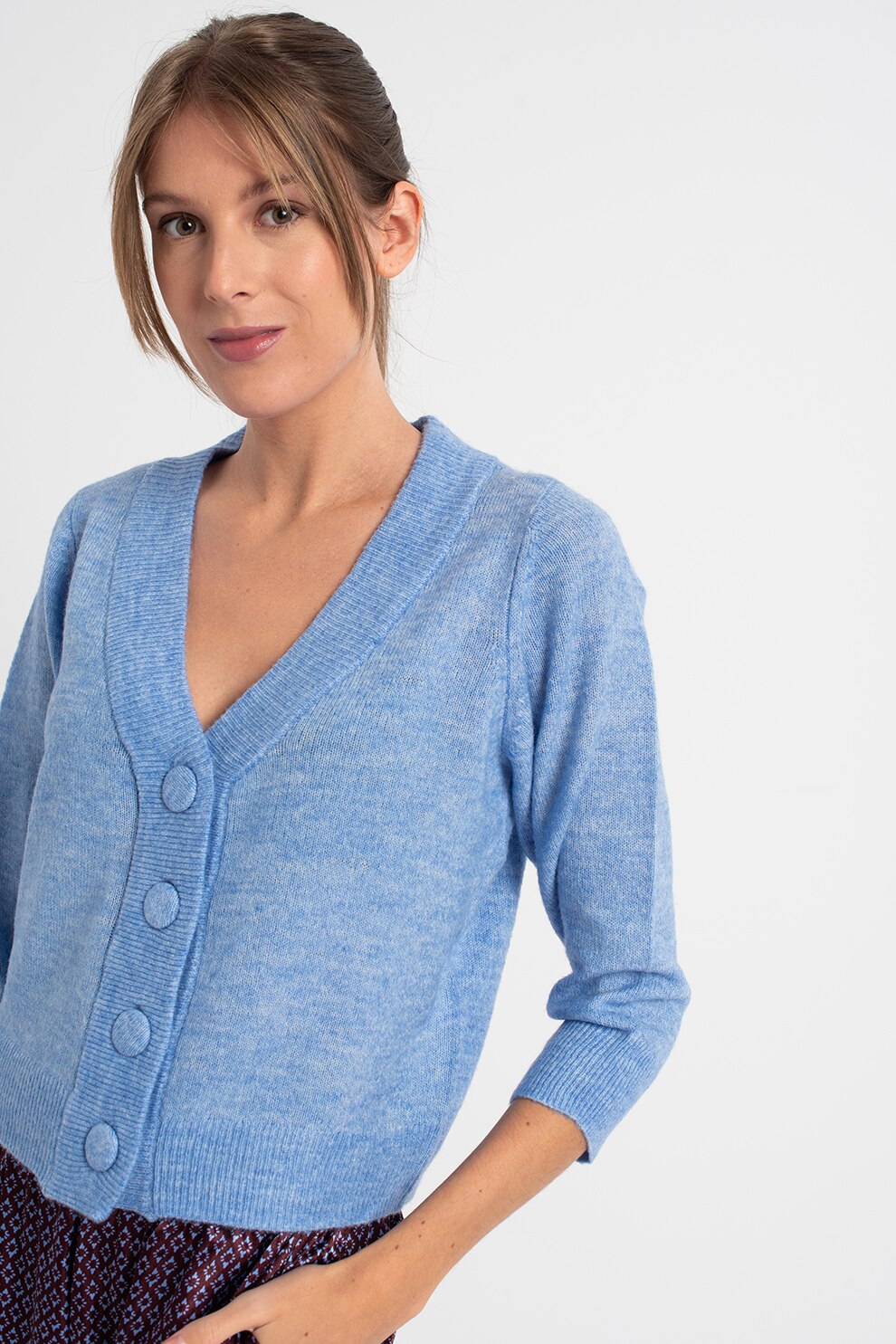 Vero Moda, Cardigan cu decolteu in V si maneci trei sferturi Vigga, Albastru azur