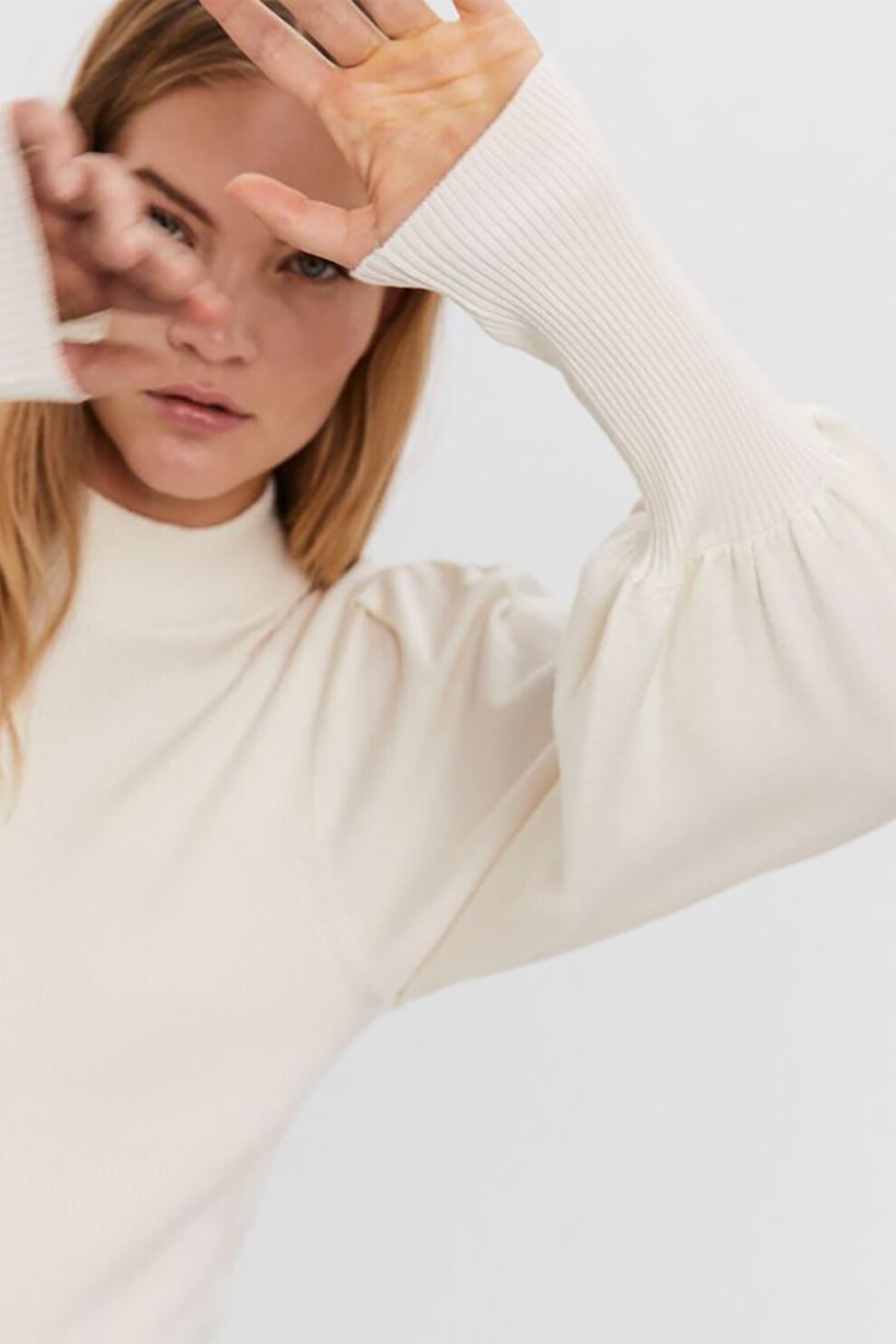 Vero Moda, Pulover striat cu maneci bufante Willow, Alb prafuit