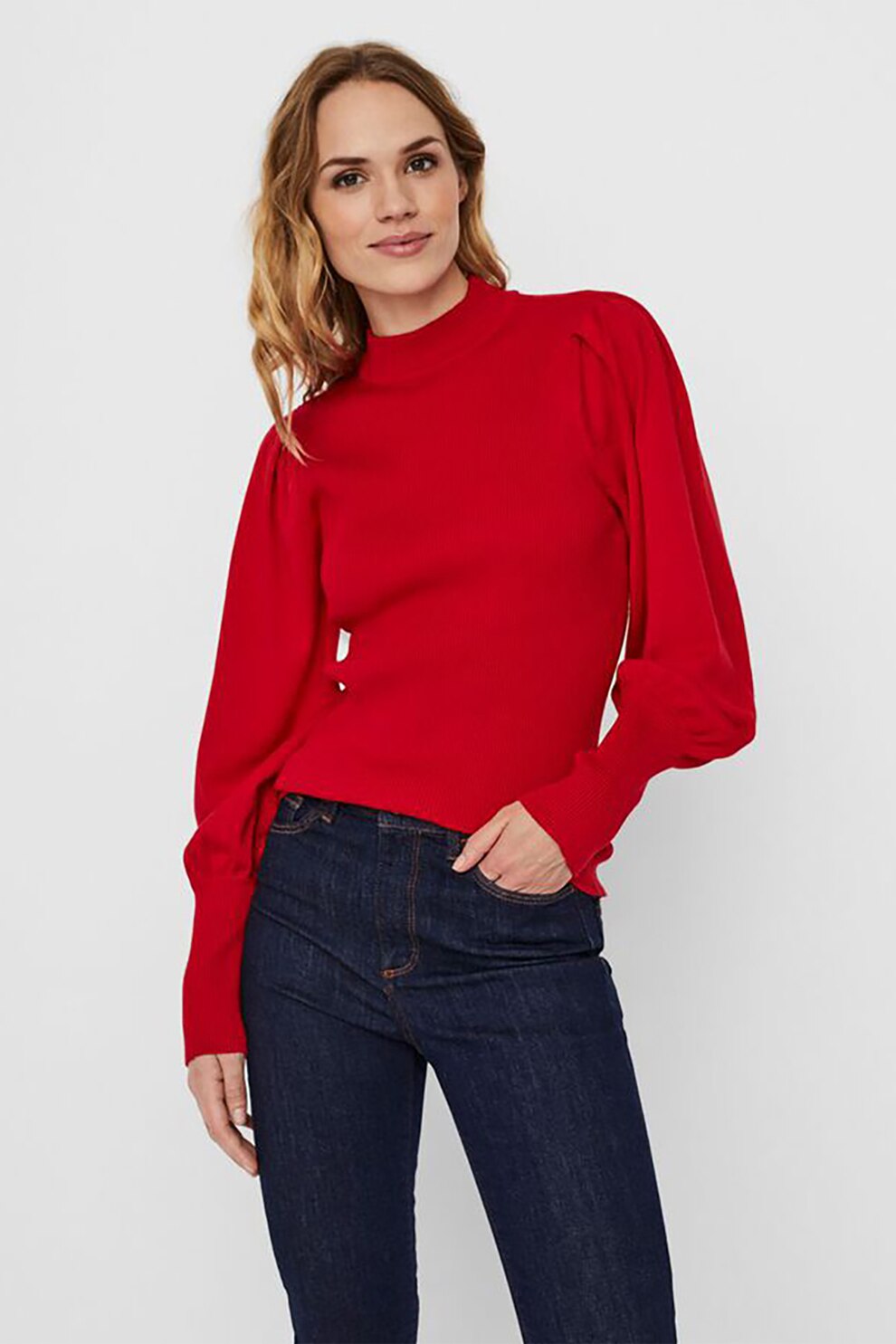 Vero Moda, Pulover striat cu maneci bufante Willow, Rosu vermilion