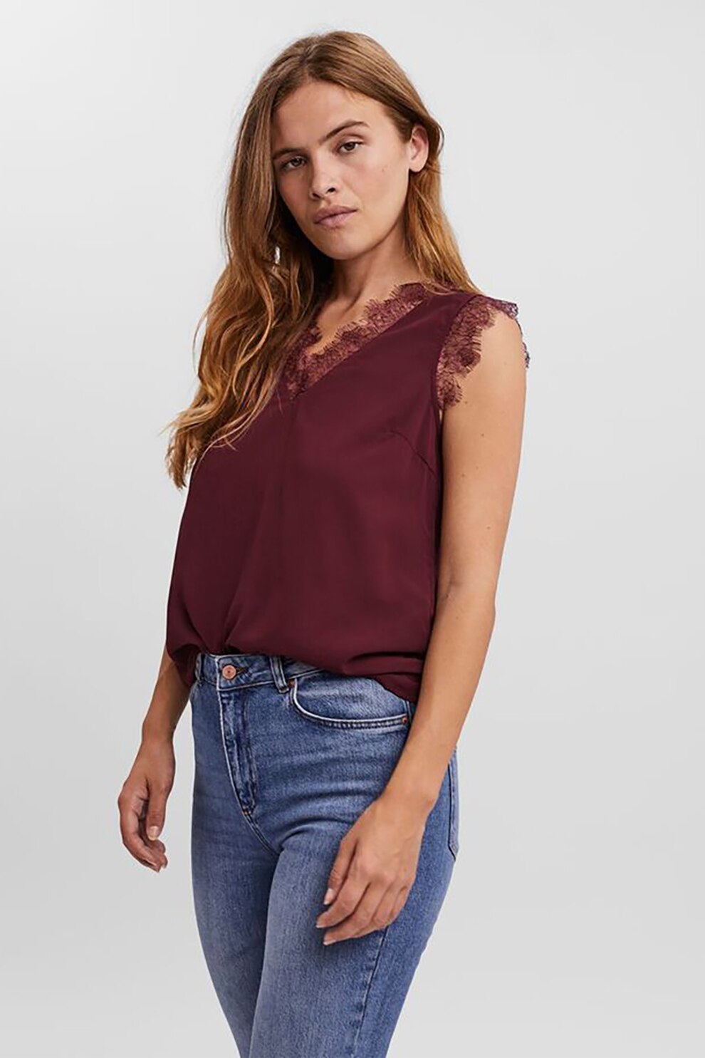 Vero Moda, Top vaporos cu garnituri din dantela, Violet pruna