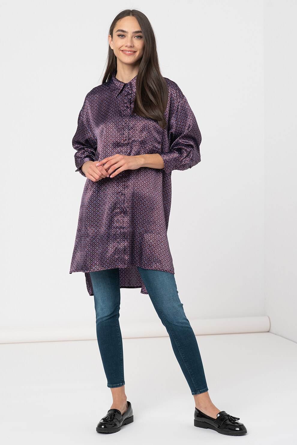 Vero Moda, Camasa lunga cu model geometric Xara, Maro coniac/Albastru lavanda