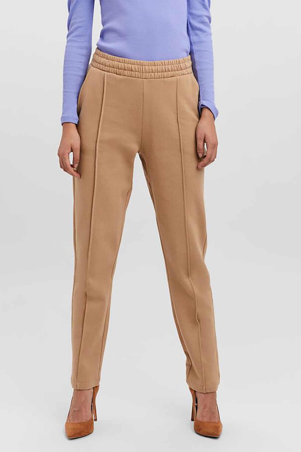 Vero Moda, Pantaloni sport din bumbac organic si talie inalta, Maro camel