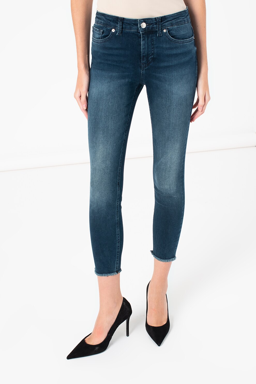 Vero Moda, Blugi skinny cu margini nefinisate Peach, Albastru inchis