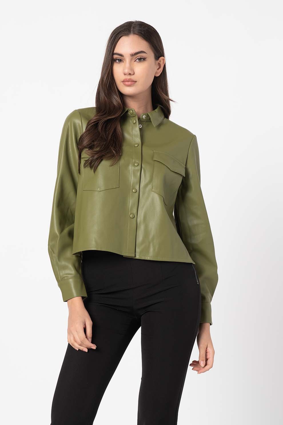 Vero Moda, Jacheta-camasa crop de piele ecologica Kaisa, Verde oliv, M
