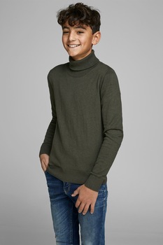 Jack&Jones, Pulover cu guler inalt si terminatii striate, Verde militar, 152 CM Jack&Jones, Pulover cu guler inalt si terminatii striate, Verde militar, 152 CM