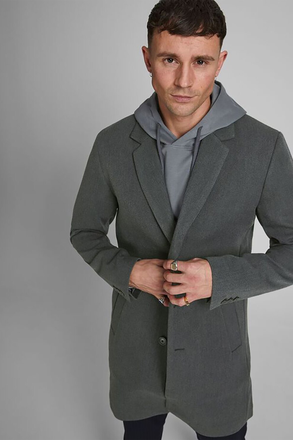 Jack&Jones, Palton cu revere decupate, Gri inchis, S