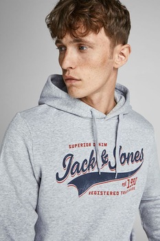 Jack&Jones, Hanorac regular fit cu logo si buzunar kangaroo, Gri deschis melange Jack&Jones, Hanorac regular fit cu logo si buzunar kangaroo, Gri deschis melange