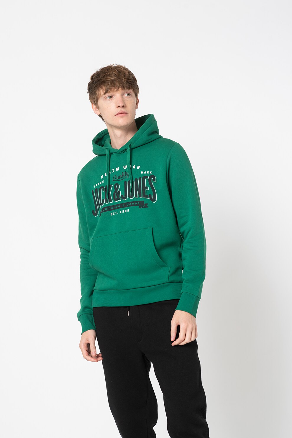 Jack&Jones, Hanorac regular fit cu logo si buzunar kangaroo, Verde/Alb/Negru