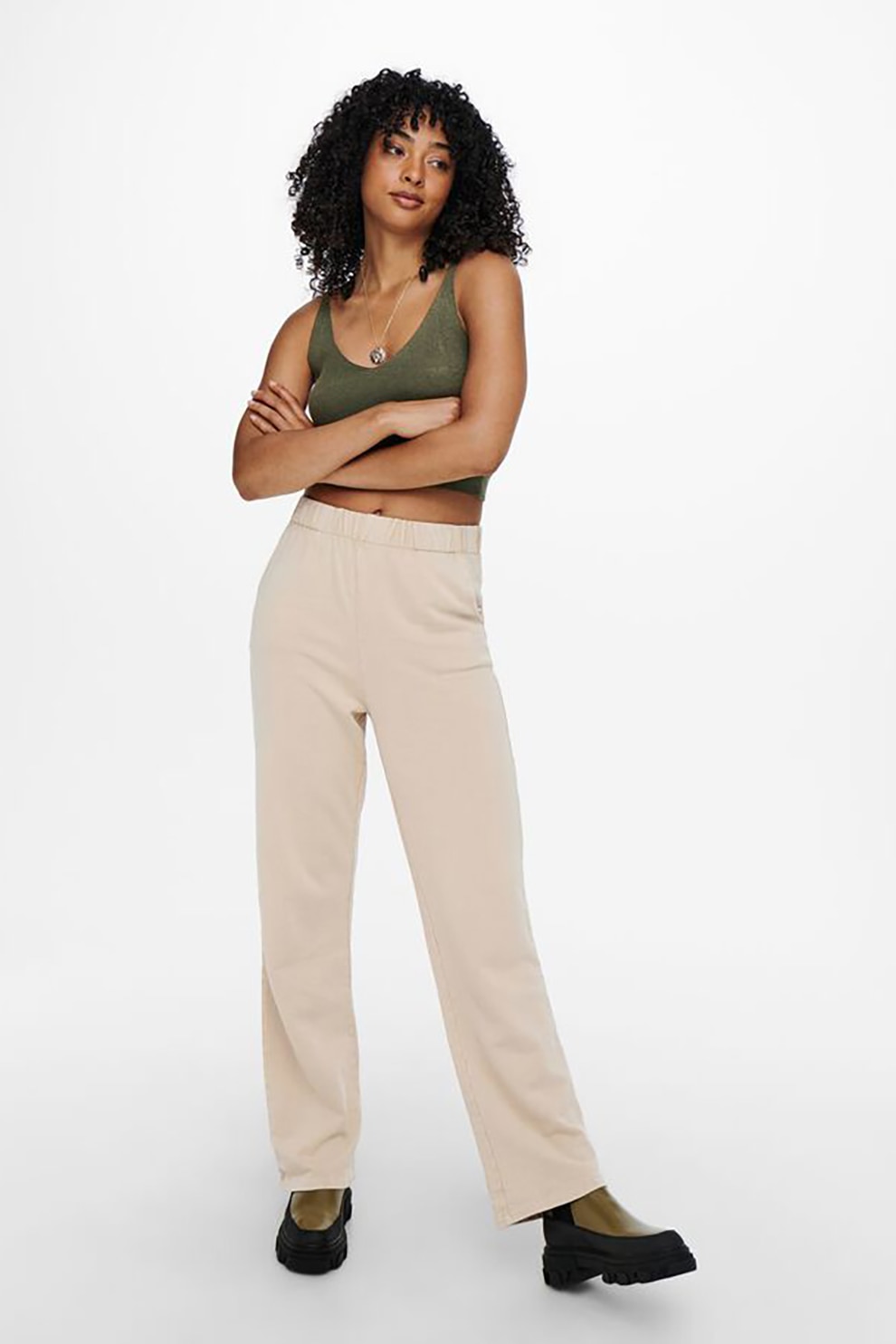 Only, Top crop cu decolteu in V, Verde militar