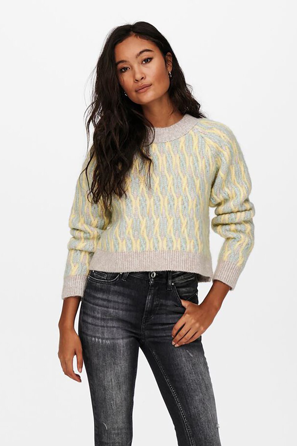 Only, Pulover cu decolteu la baza gatului, Alb fildes/galben pal/albastru pastel