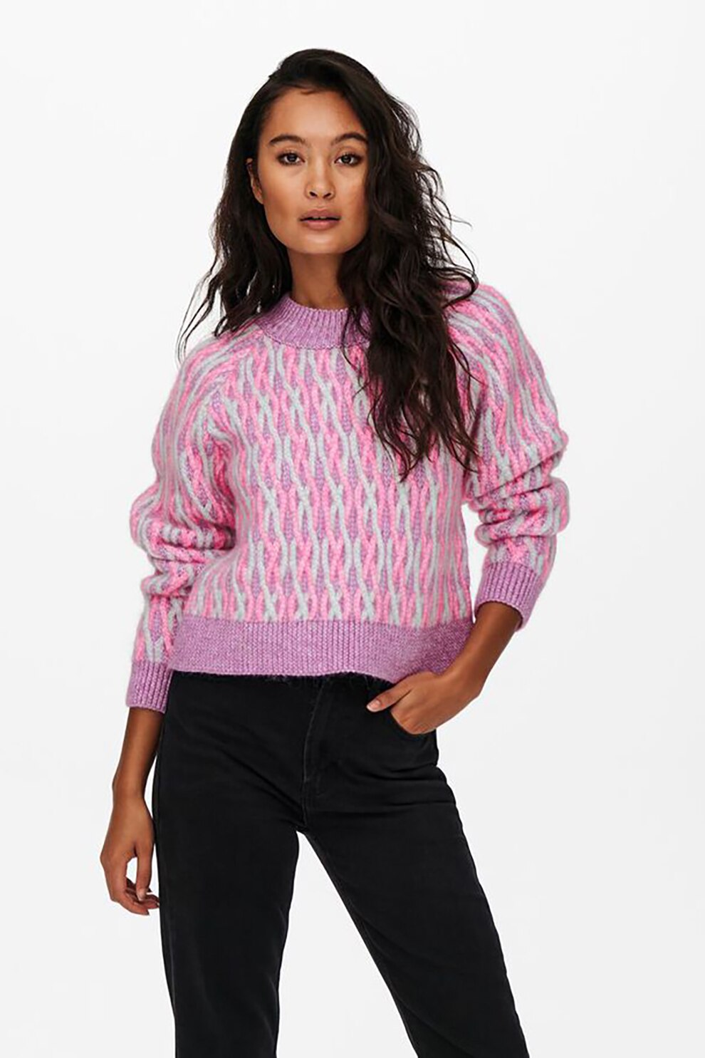 Only, Pulover cu decolteu la baza gatului, Roz fucsia/roz fandango/gri deschis