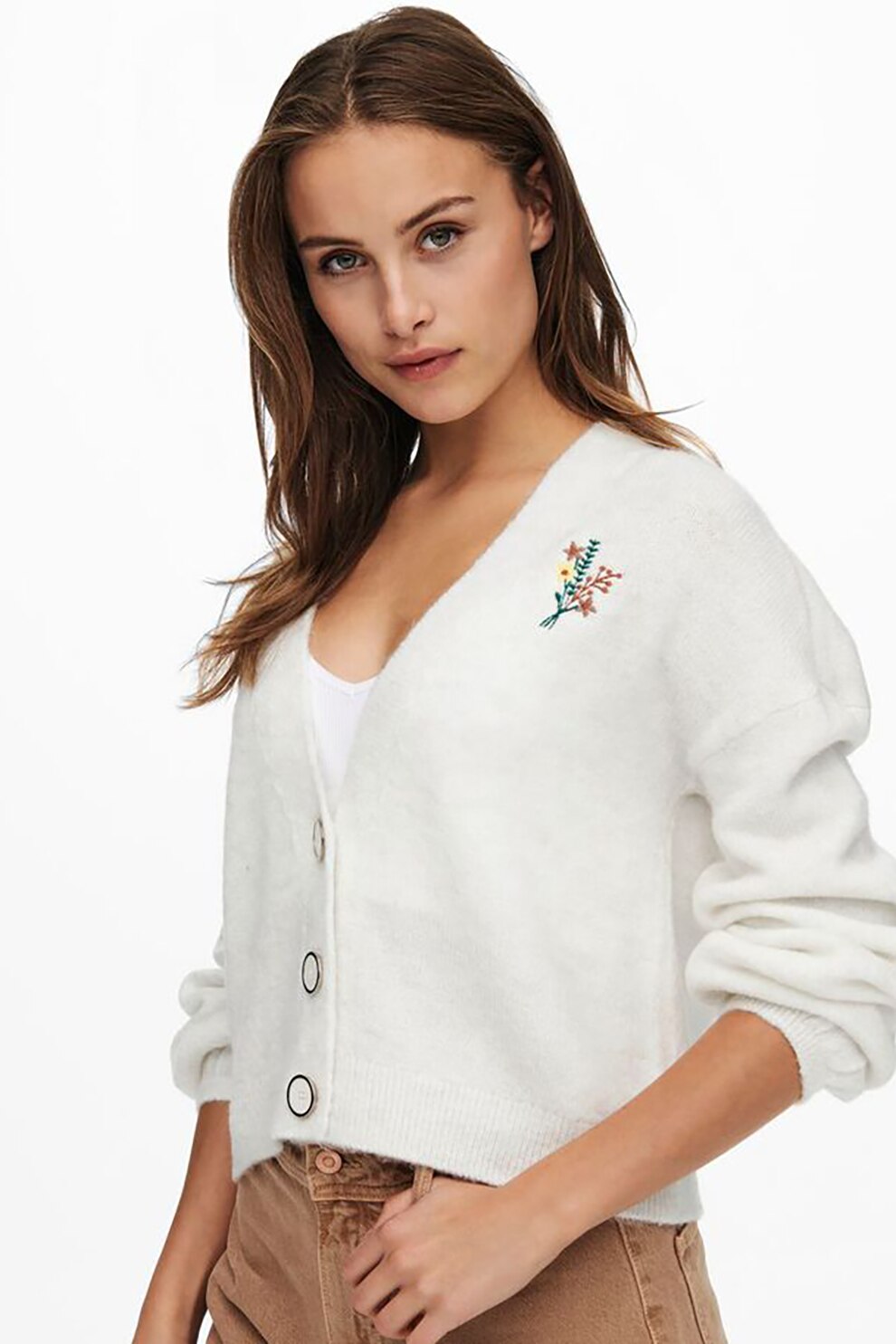 Only, Cardigan lejer cu broderii florale, Alb, L