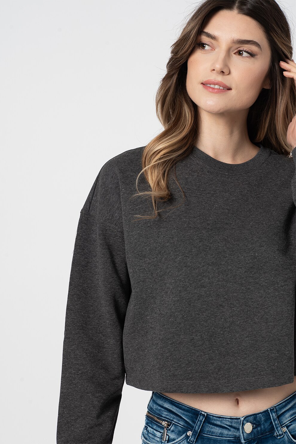 Only, Bluza sport crop din amestec de bumbac organic Bless, Gri inchis