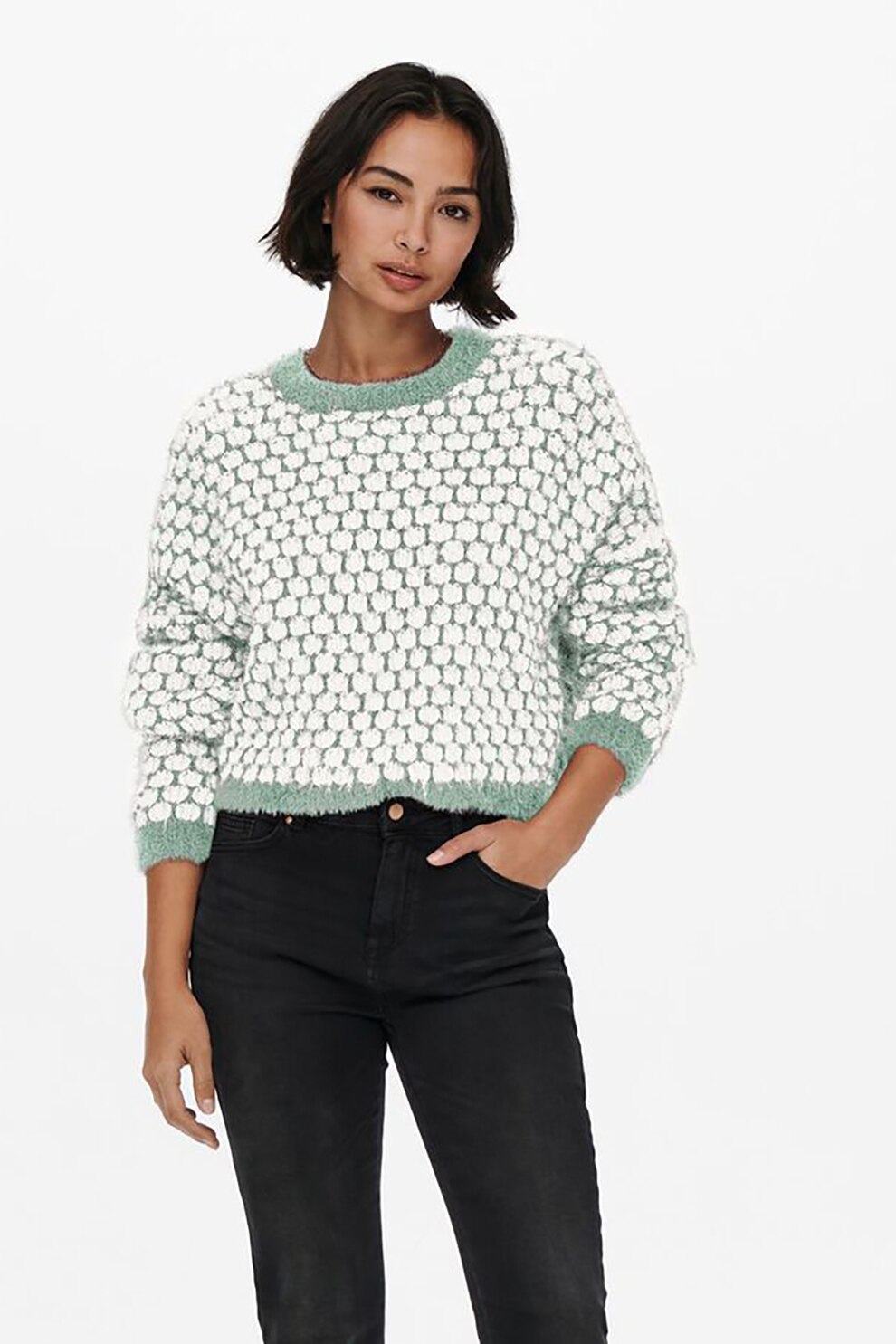 Only, Pulover pufos cu model geometric, Alb/Verde menta