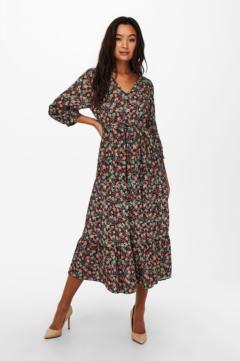 Only, Rochie cu model floral, decolteu in V si maneci 3/4, Multicolora
