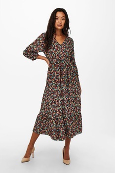 Only, Rochie cu model floral, decolteu in V si maneci 3/4, Multicolora Only, Rochie cu model floral, decolteu in V si maneci 3/4, Multicolora