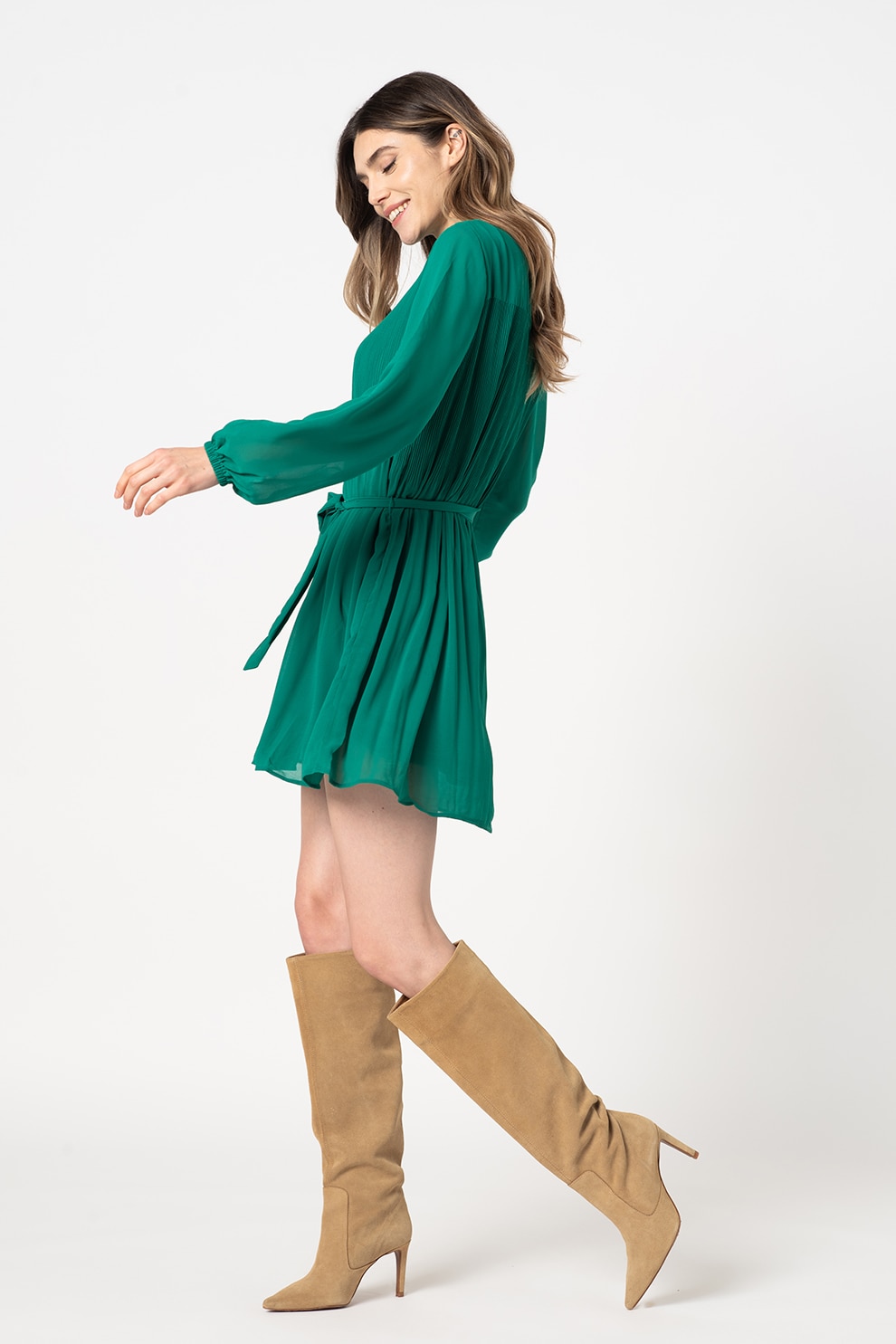 JdY, Rochie vaporoasa cu cordon in talie Dora, Verde