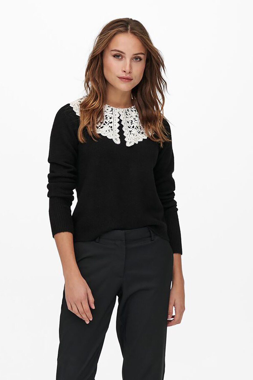 Only, Cardigan tricotat fin cu guler Peter Pan, Negru/Alb