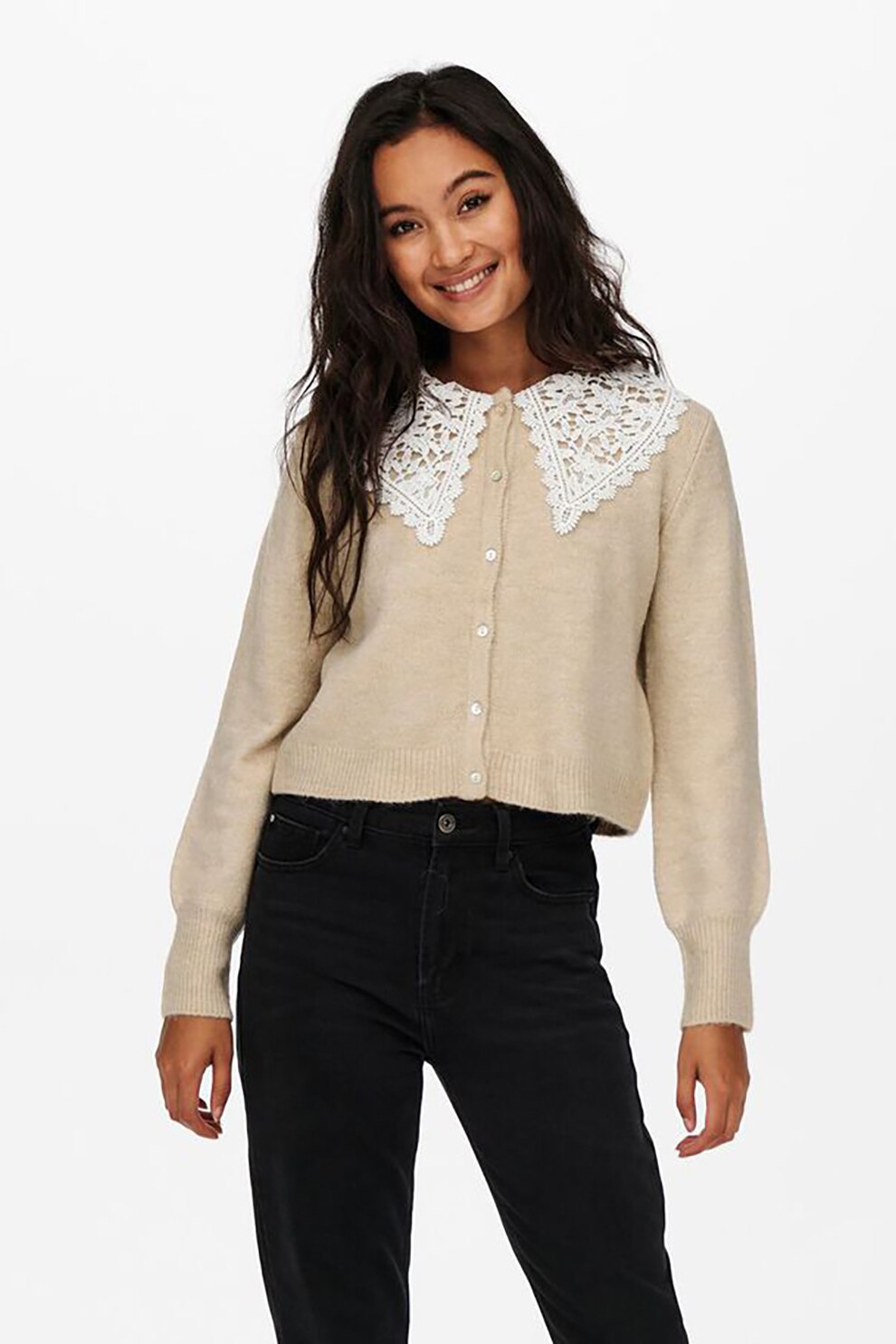 Only, Cardigan tricotat fin cu guler Peter Pan, Maro camel/Alb