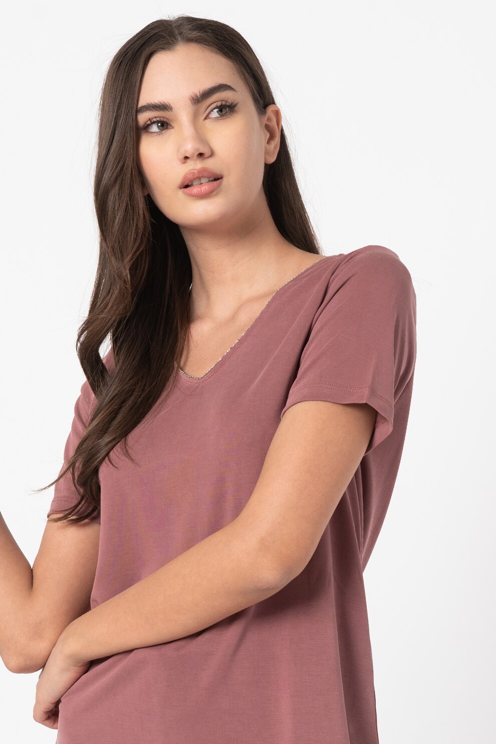 Only, Tricou din amestec de modal cu decolteu in V Free, Roz prafuit