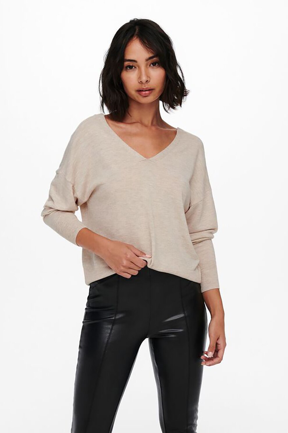 Only, Pulover tricotat fin cu decolteu in V si maneci cazute, Maro nisip