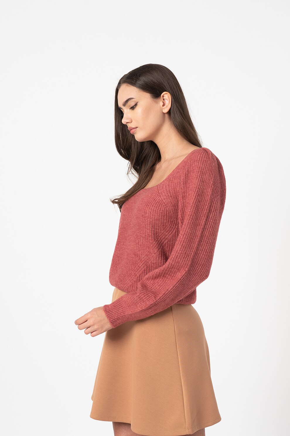 Only, Pulover tricotat cu decolteu patrat Karinna, Roz zmeuriu