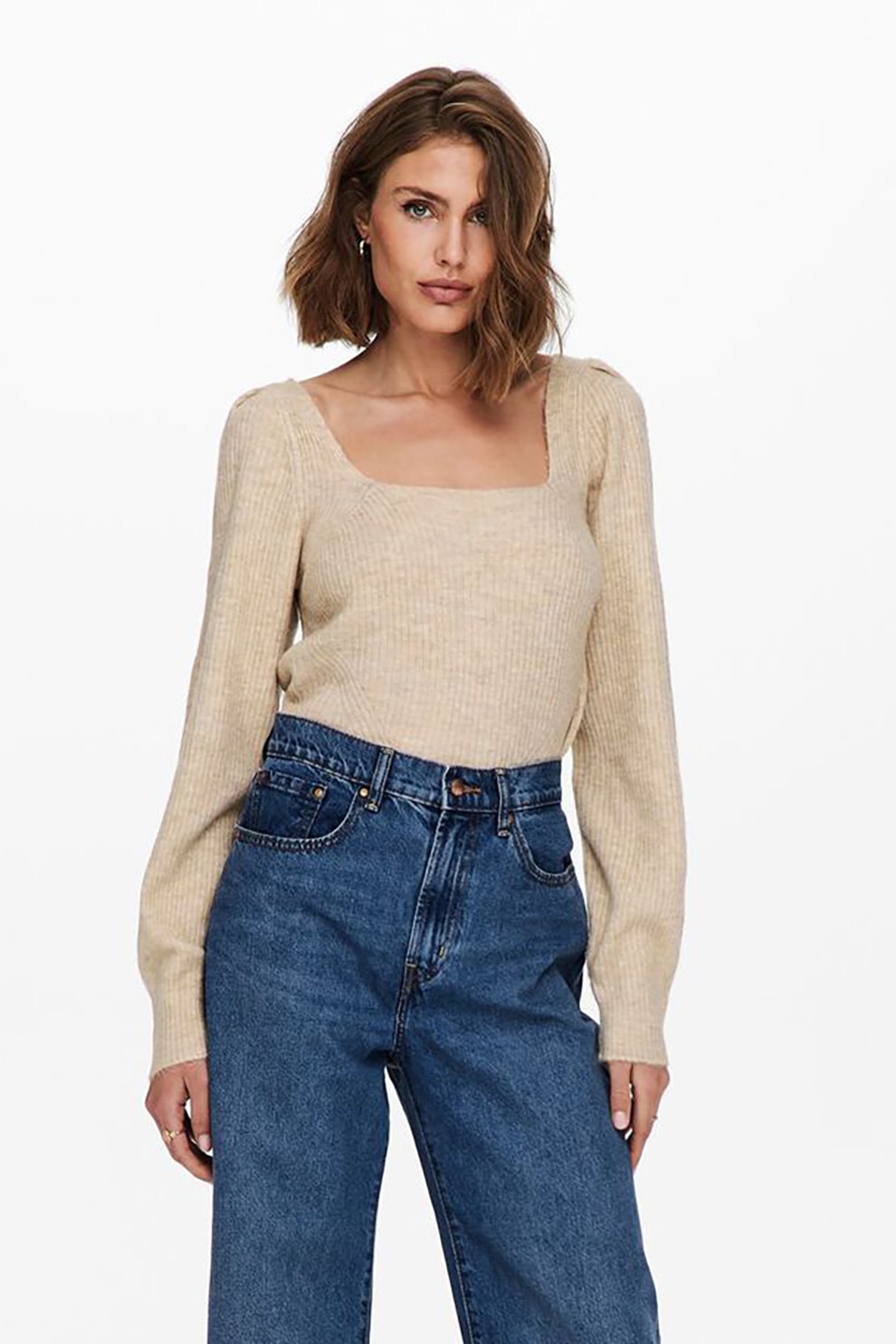 Only, Pulover tricotat cu decolteu patrat Karinna, Maro camel