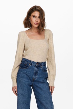 Only, Pulover tricotat cu decolteu patrat Karinna, Maro camel Only, Pulover tricotat cu decolteu patrat Karinna, Maro camel