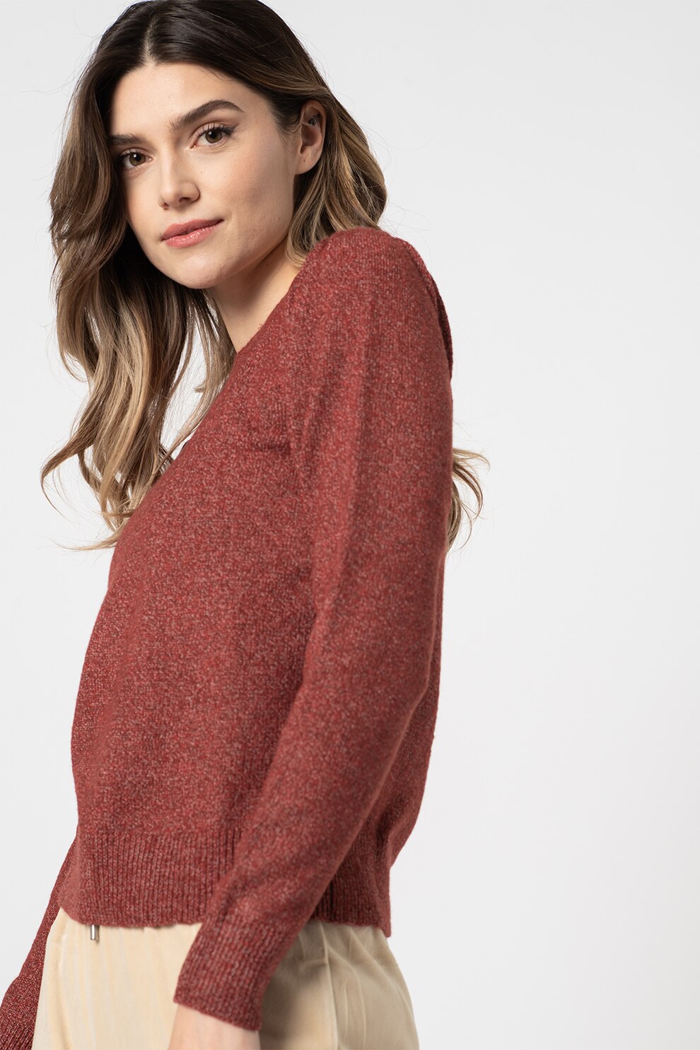 JdY, Pulover cu decolteu la baza gatului Brilliant, Rosu stins/Gri deschis