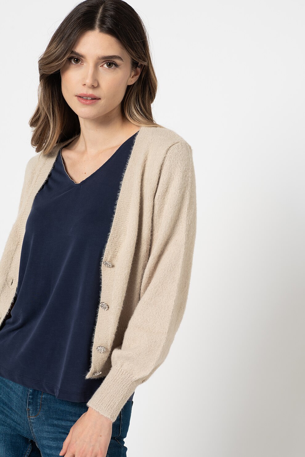 JdY, Cardigan crop pufos Alessi, Alb prafuit