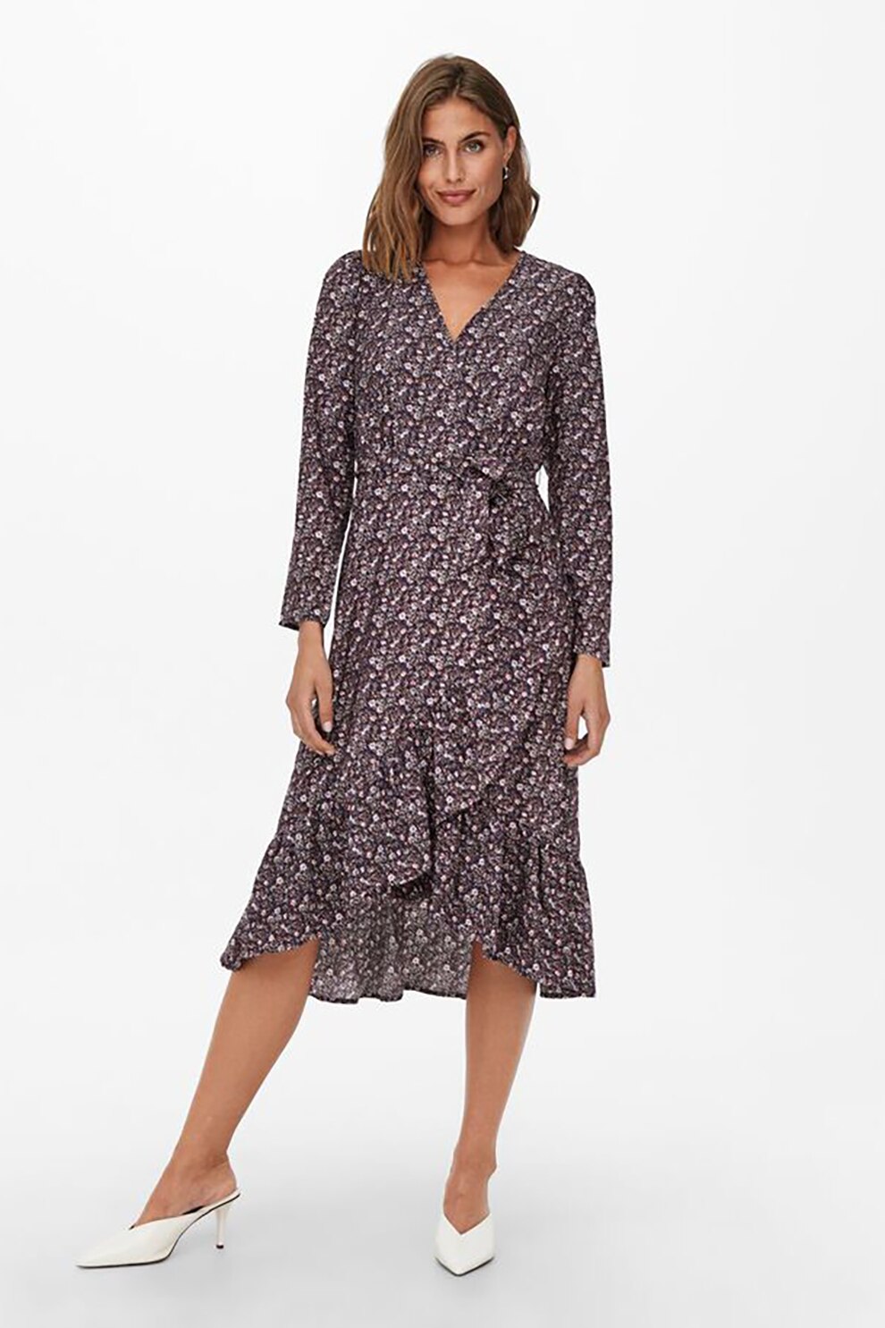 Only, Rochie midi cu croiala petrecuta, imprimeu si decolteu in V, Multicolora