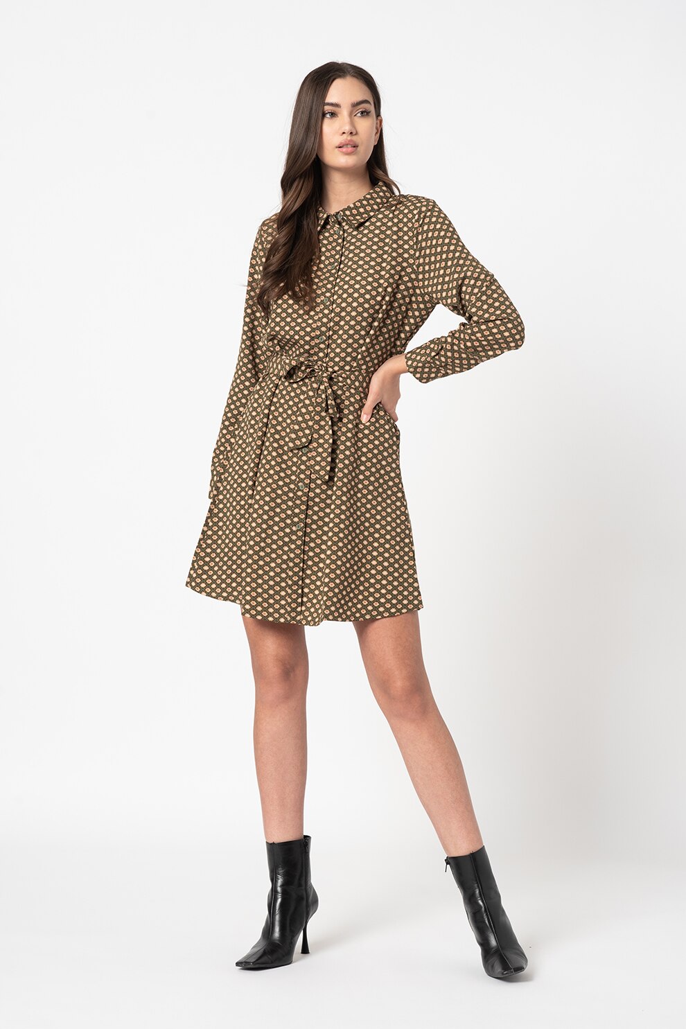 JdY, Rochie tip camasa cu imprimeu si cordon Malene, Verde militar/Bej