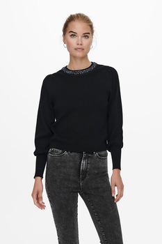 Only, Pulover cu decolteu la baza gatului si aplicatii cu strasuri, Negru Only, Pulover cu decolteu la baza gatului si aplicatii cu strasuri, Negru
