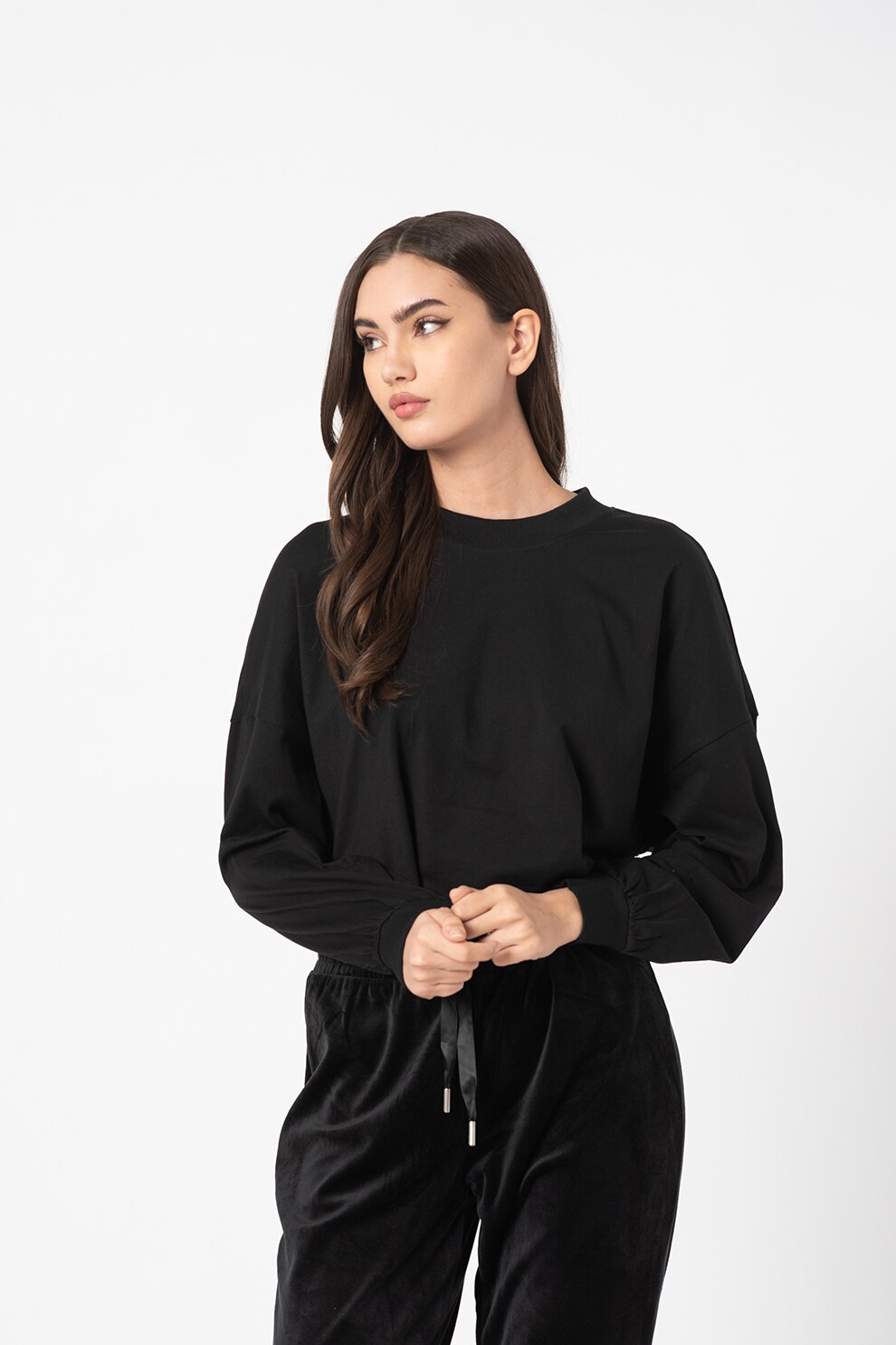 Only, Bluza sport crop lejera cu maneci cazute Vivi, Negru
